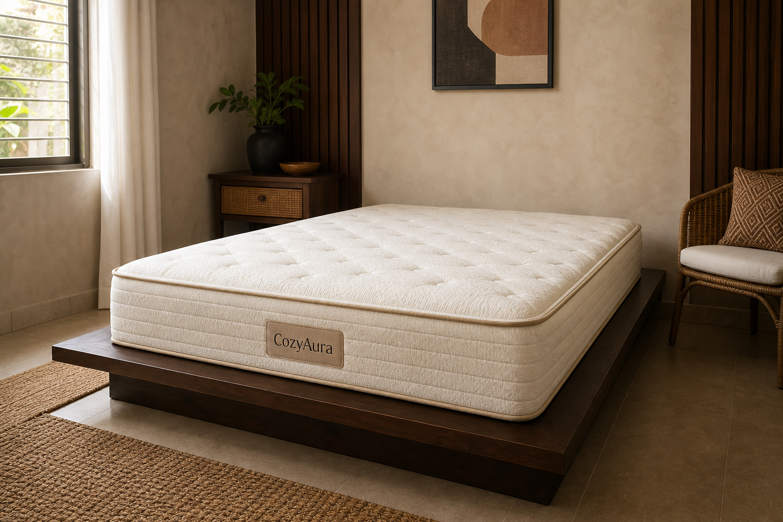 Uncovered CozyAura Double mattress in a refined compact bedroom