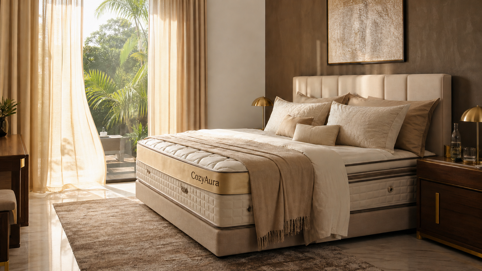 CozyAura mattress in an elegant, warmly lit bedroom