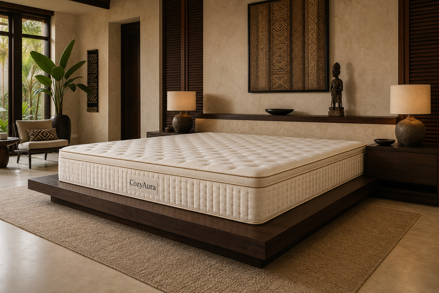 Uncovered CozyAura King mattress in a luxury master bedroom