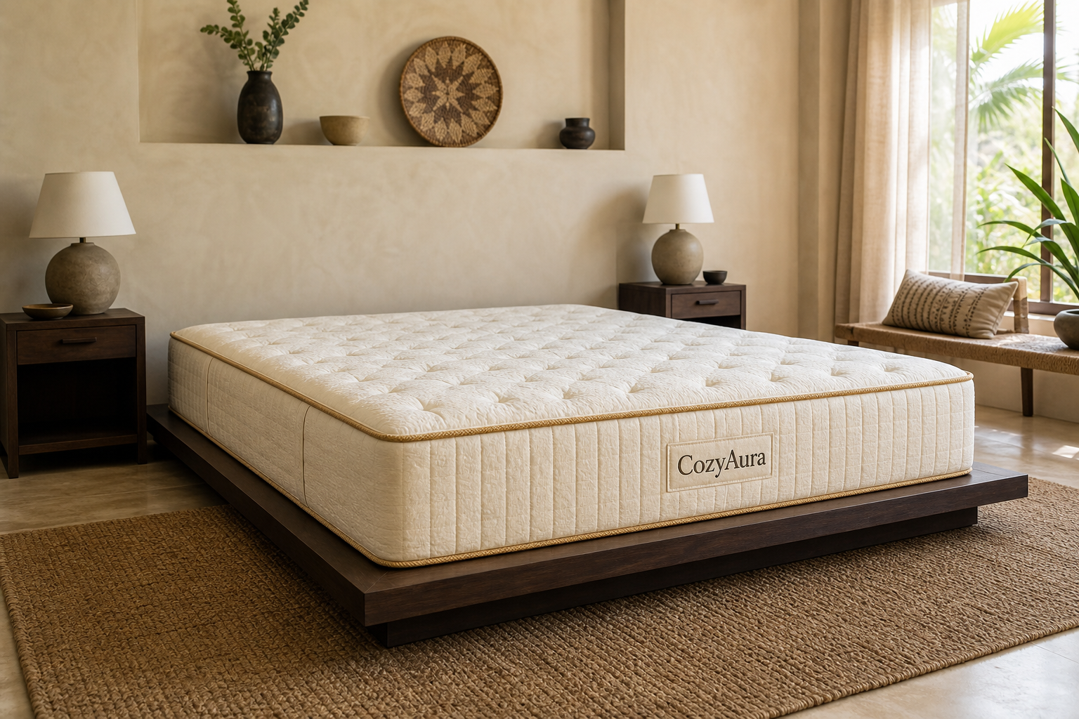 Uncovered CozyAura Queen mattress in a spacious contemporary bedroom